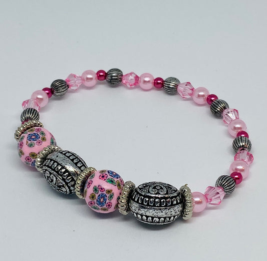 7” beaded flexible bracelet silver and 2 pink shades