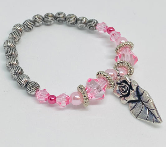 6” beaded flexible bracelet silver pink