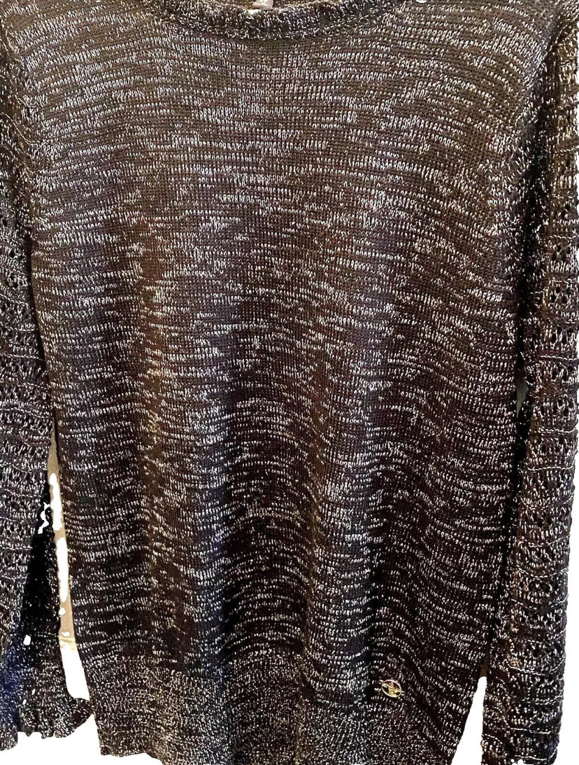 Adrienne Vittadini Sweater, XL, black silver metallic threads. ruffle neckline