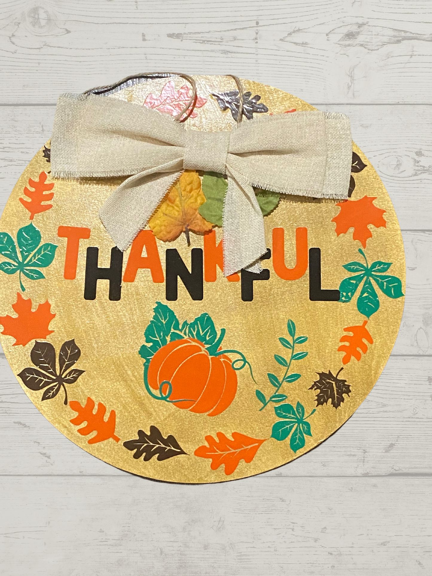 Decorated Round Wooden Door/Wall Hanger Sign "Thankful"