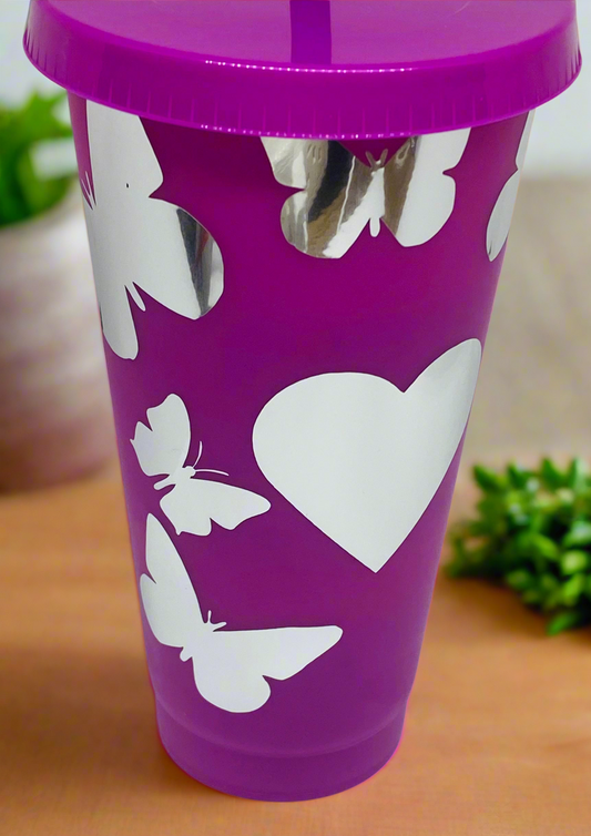 Color Changing 24 oz Tumbler Butterflies with Straw and Lid Reusable