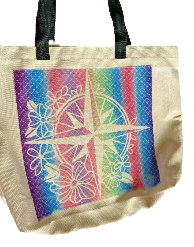 Canvas Tote Bags - Compass And Flowers Design. Machine Washable