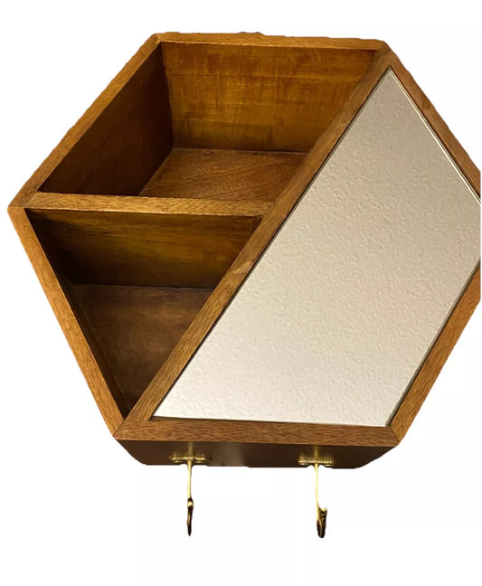 Wood Hexagon Cubby Shelf W/Mirror & Hooks Wall Mount 12”x 10.15”x 5.25”