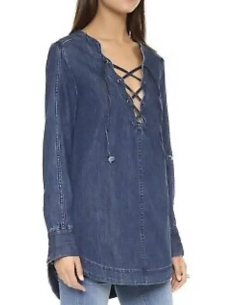 Free People Neopolitan Dreams Denim Indigo Tunic Lace Up Plunge Long Sleeve XS