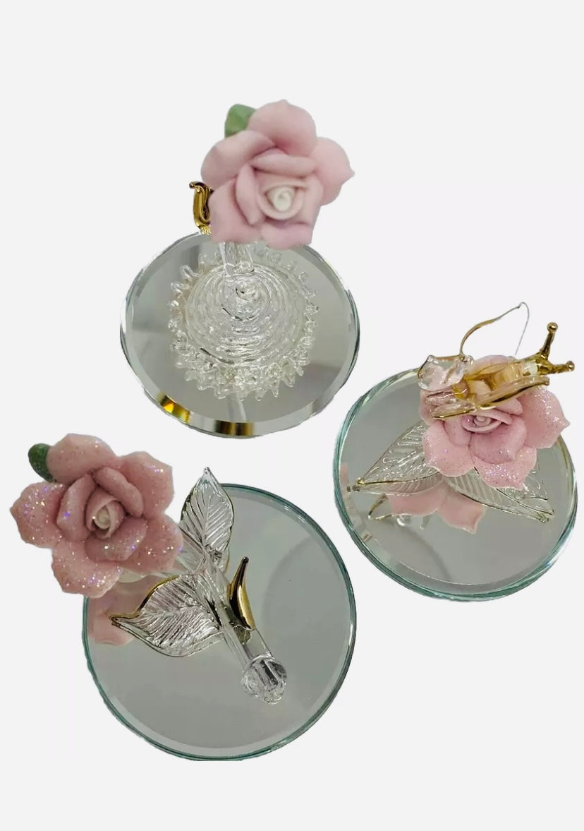 Glass Baron Crystal Roses LOT 2x Pink Glitter 1 Matte  Gold  Trim Mirror Base