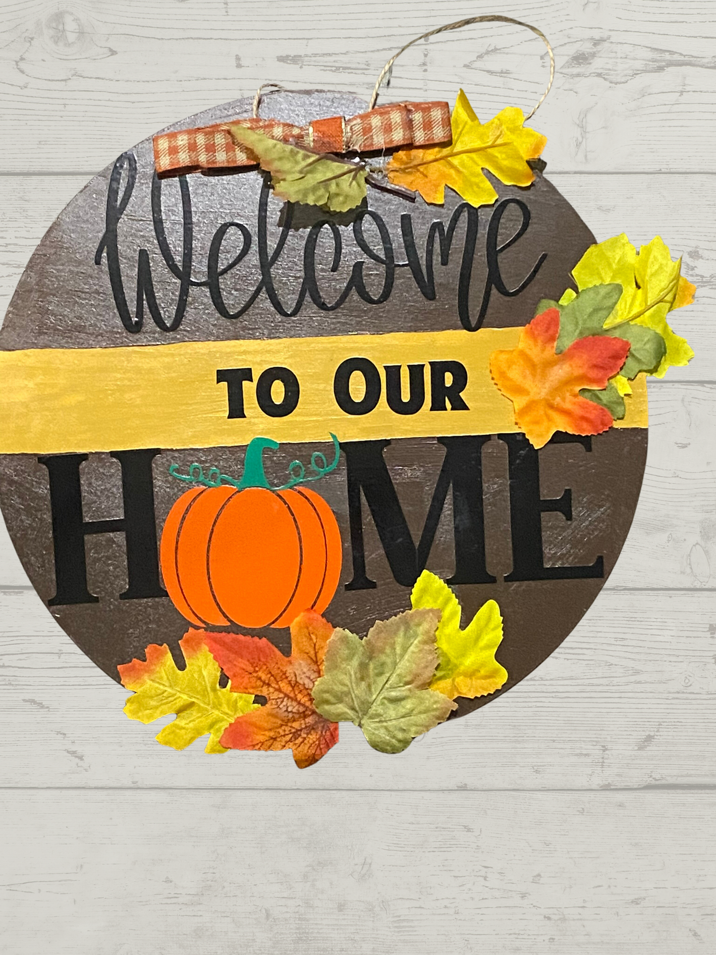 Welcome To Our Home Front Door Sign With Ribbon and Leaves