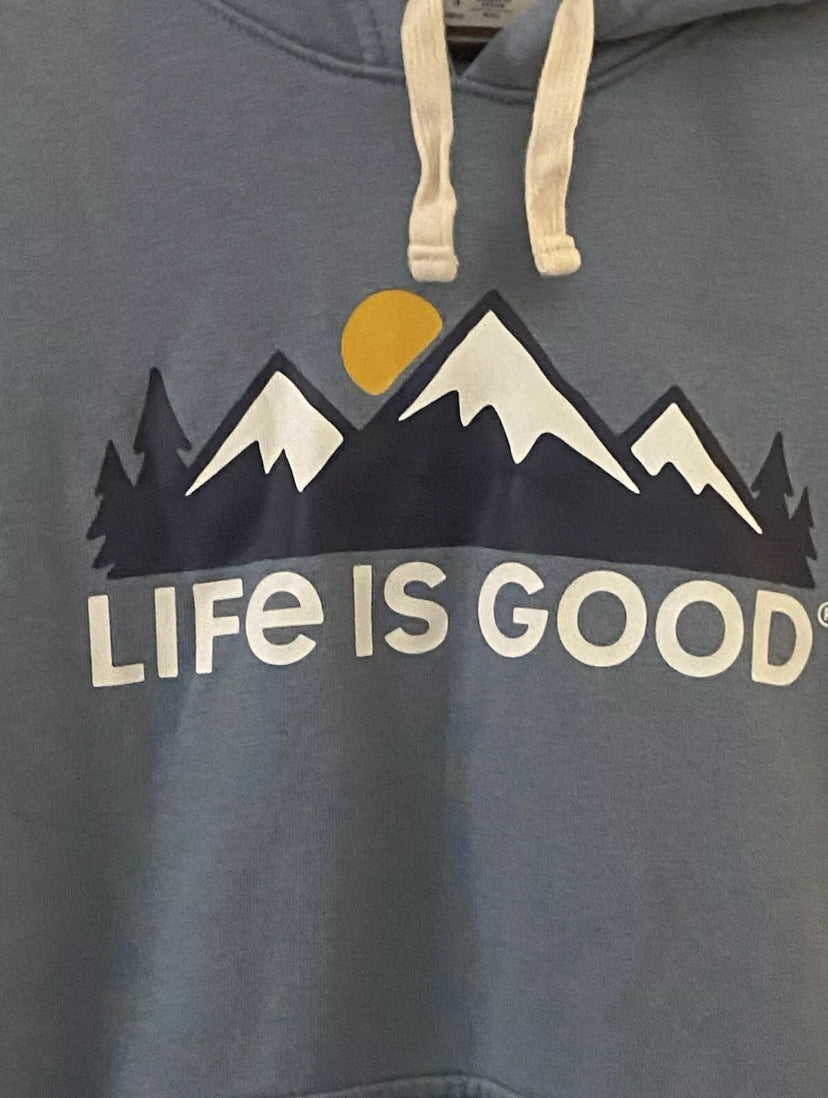 Life is Good Mountain Hoodie Cotton Blend Stretch Calm Blue Size S