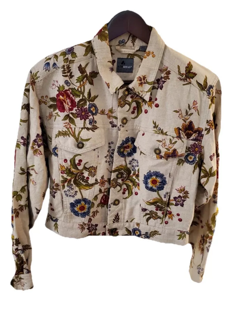 Liz Wear Linen Blend Floral Print Jacket Petite Small W/ Removable Shoulder Pads