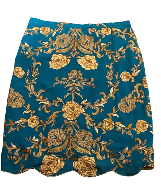 New Yoana Baraschi Gold & Blue Embroidered Scalloped Straight Pencil Skirt 6