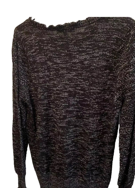 Adrienne Vittadini Sweater, XL, black silver metallic threads. ruffle neckline