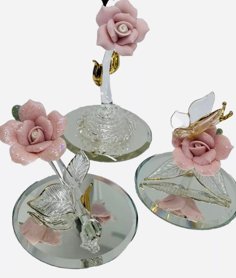 Glass Baron Crystal Roses LOT 2x Pink Glitter 1 Matte  Gold  Trim Mirror Base