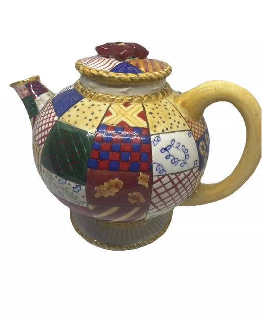 Old World Santa Patchwork Tea Pot Christmas by Studio Nova Vintage Small Chip