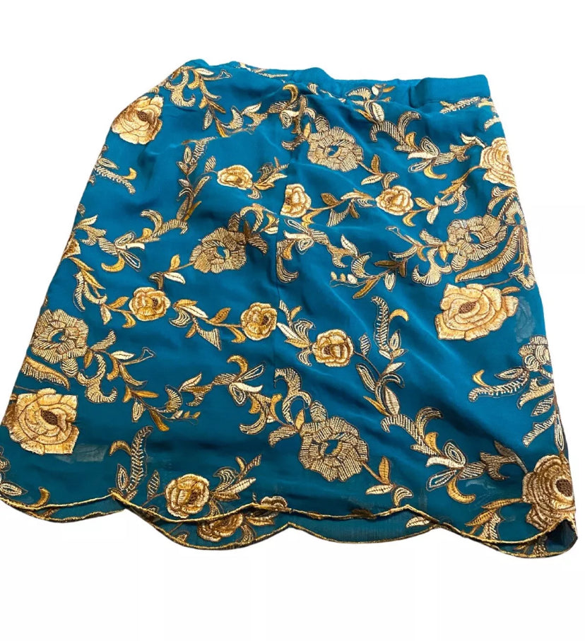 New Yoana Baraschi Gold & Blue Embroidered Scalloped Straight Pencil Skirt 8