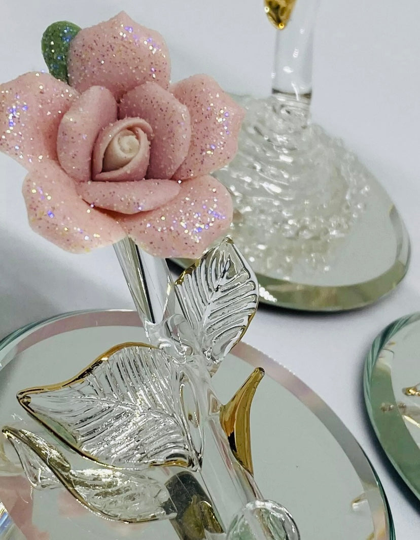 Glass Baron Crystal Roses LOT 2x Pink Glitter 1 Matte  Gold  Trim Mirror Base