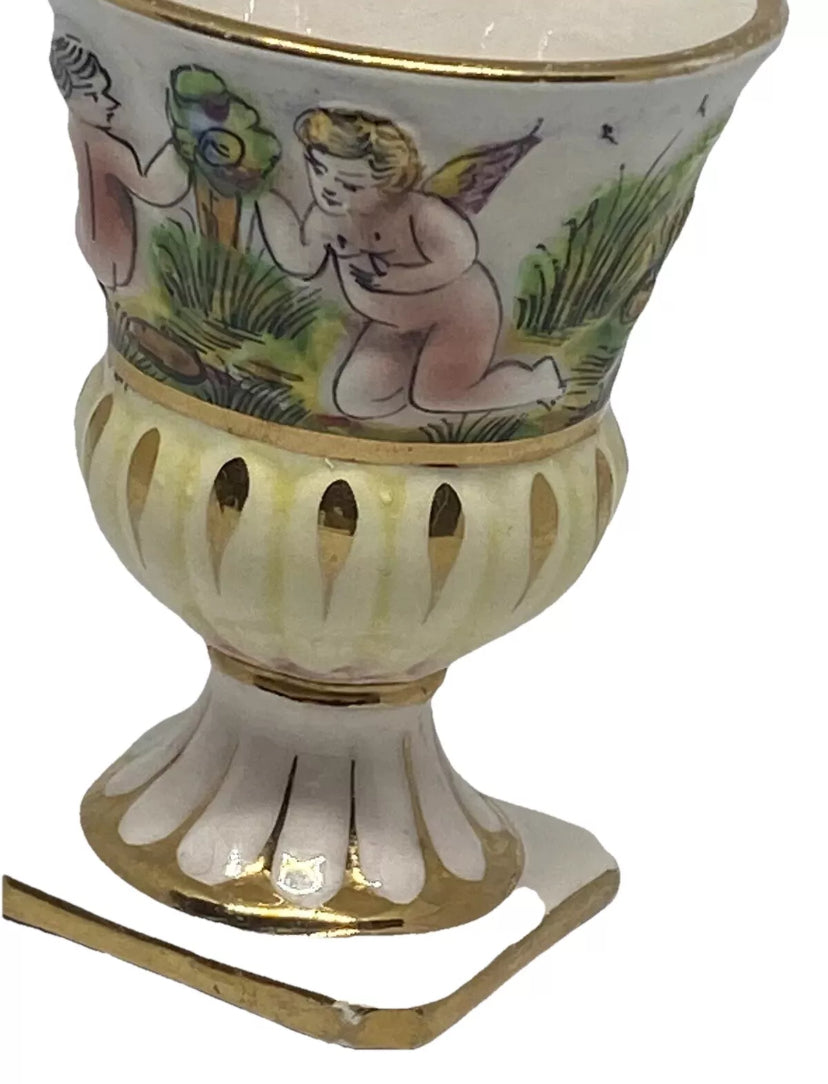 Italian Pottery Gold Leaf Pedestal Bud Vase W/Cherubs 3.5"x2.5"