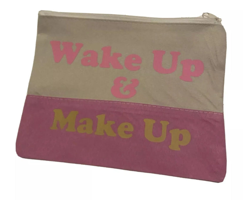 Zippered Soft Canvas Two Toned  Makeup Bag Wake Up And Make Up