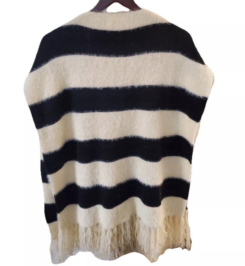 Pia Rossini Women's Black White Frayed Striped Knit Poncho