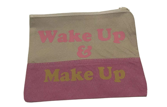 Zippered Soft Canvas Two Toned  Makeup Bag Wake Up And Make Up