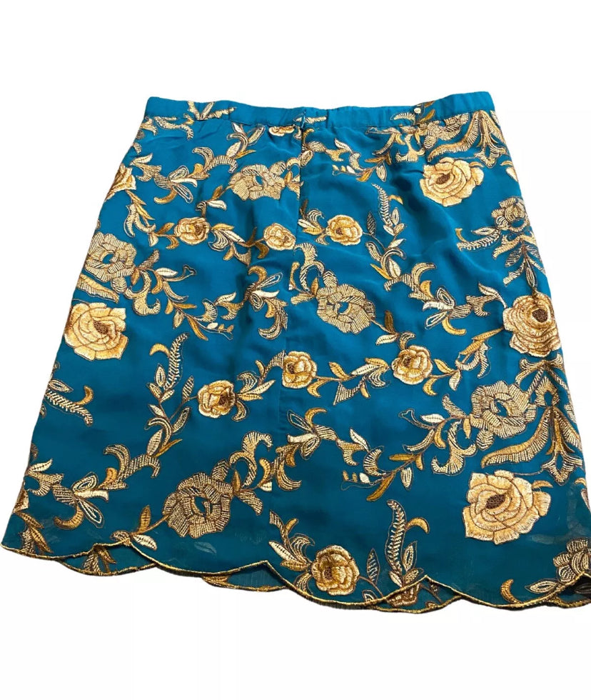 New Yoana Baraschi Gold & Blue Embroidered Scalloped Straight Pencil Skirt 8