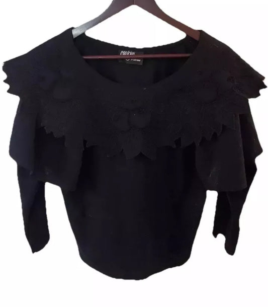 Vintage Size L Sue Wong Prairie Blouse Boho Lace Ruffles Cotton Victorian Black