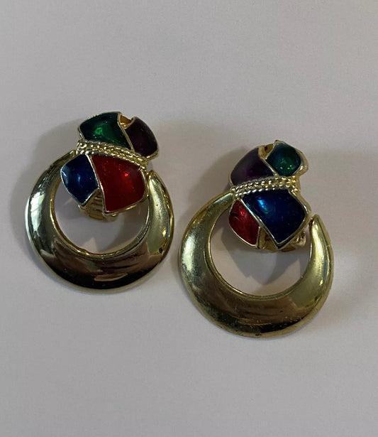 Vintage 80's Multi Color Enamel & Rhinestone Retro Earrings