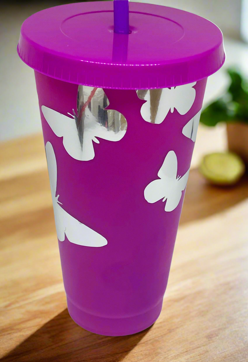 Color Changing 24 oz Tumbler Butterflies with Straw and Lid Reusable