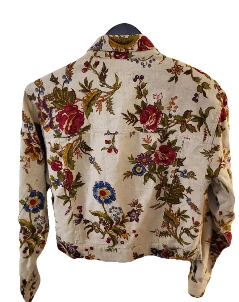 Liz Wear Linen Blend Floral Print Jacket Petite Small W/ Removable Shoulder Pads