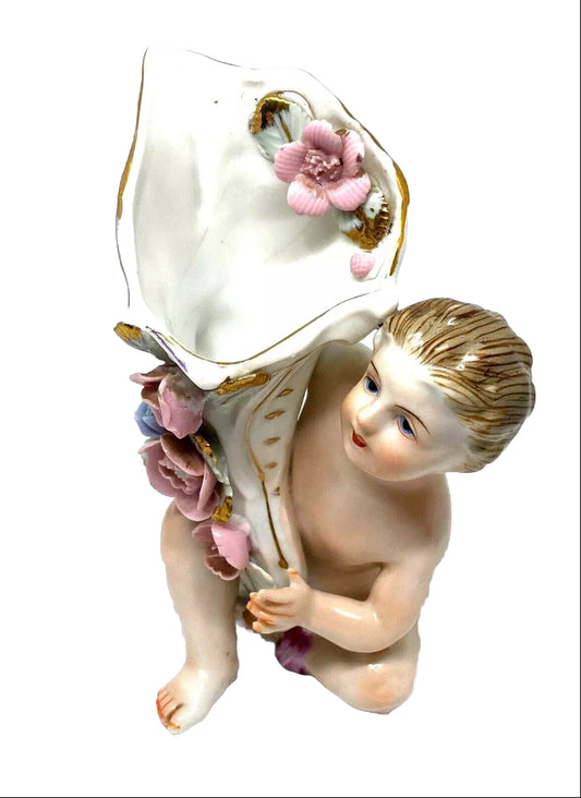 1940s Noritake Hand Painted Wingless Cherub Figura Cornucopia Porcelain Vase