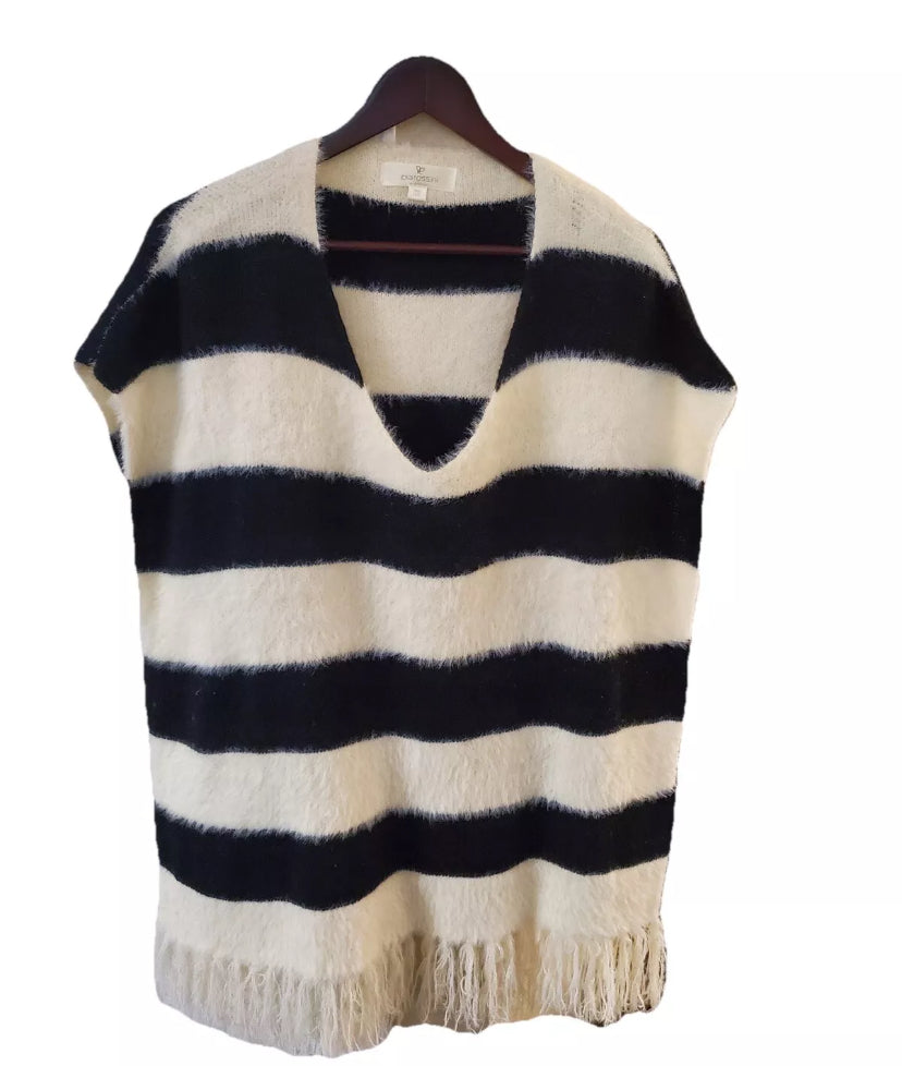 Pia Rossini Women's Black White Frayed Striped Knit Poncho