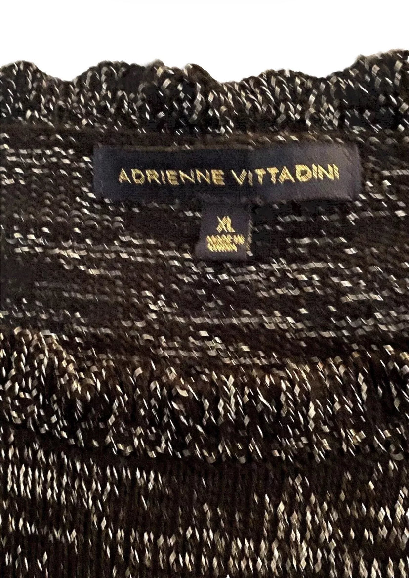 Adrienne Vittadini Sweater, XL, black silver metallic threads. ruffle neckline