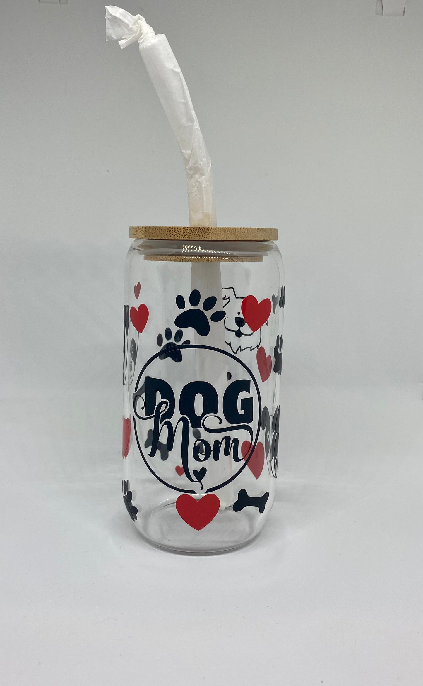 Dog mom 16oz Libby Glass, Beer Glass Can, With bamboo lid and straw