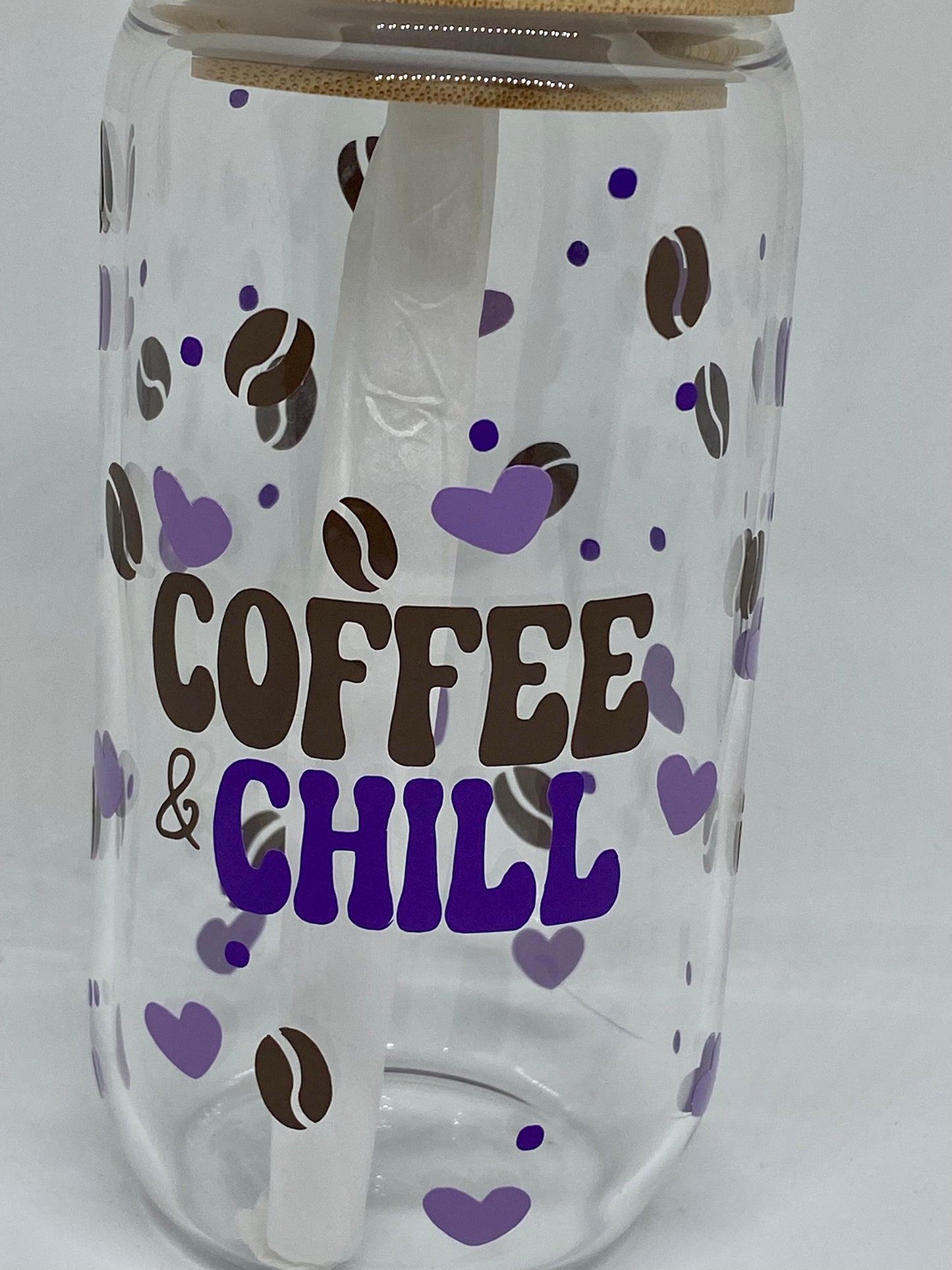 coffee and Chill 16oz Libby Glass, Beer Glass Can, With bamboo lid and straw