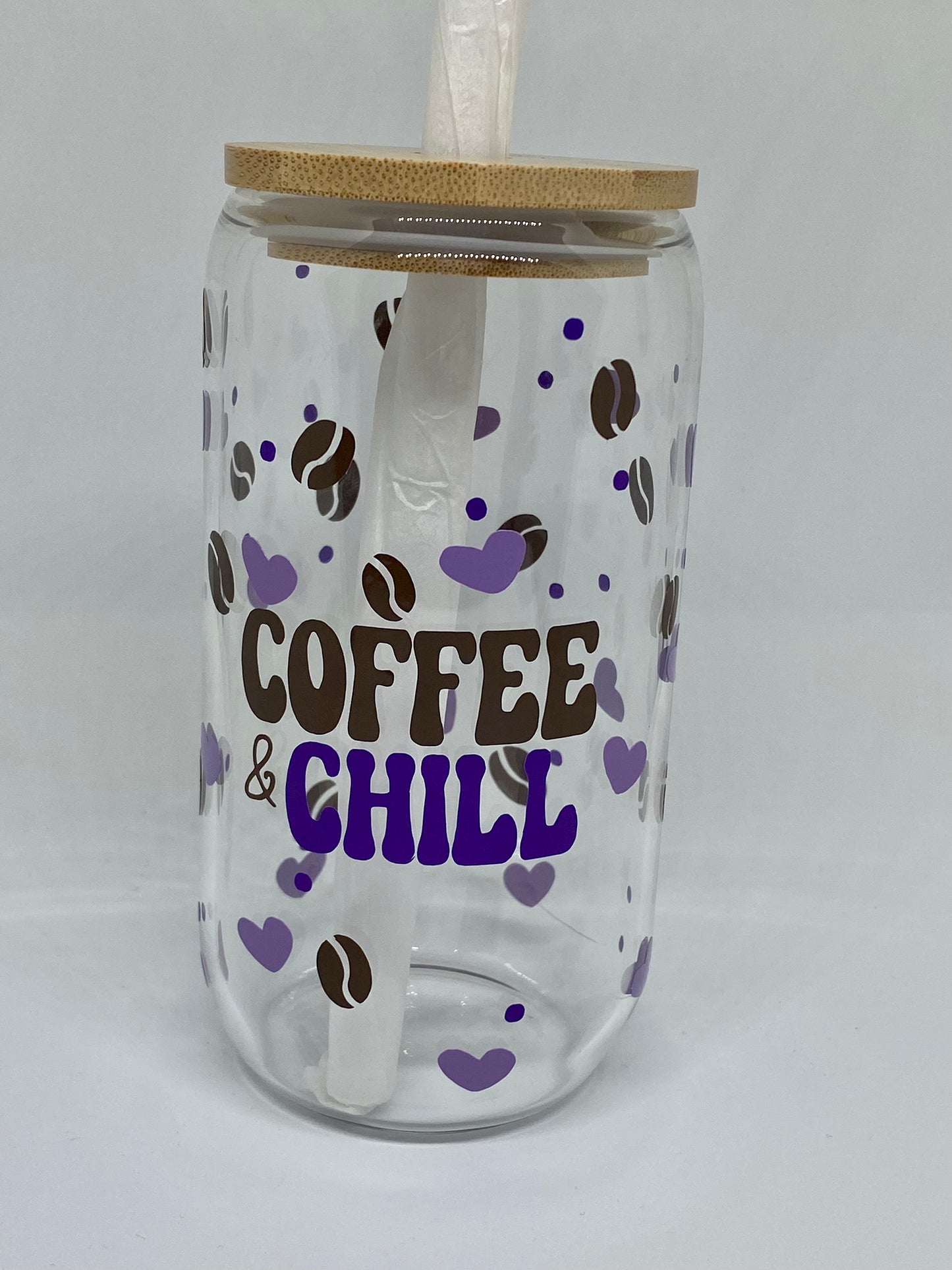 coffee and Chill 16oz Libby Glass, Beer Glass Can, With bamboo lid and straw