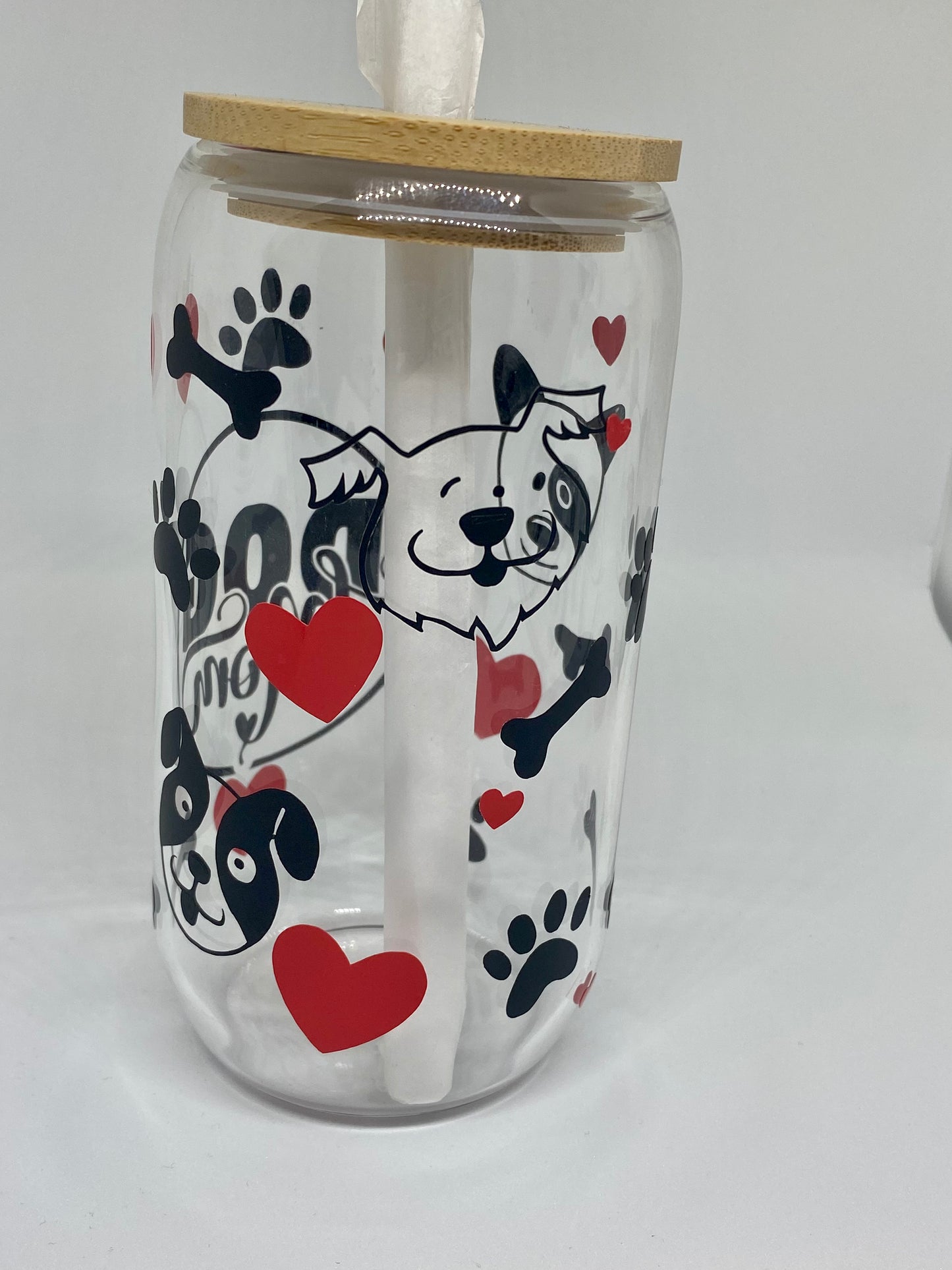 Dog mom 16oz Libby Glass, Beer Glass Can, With bamboo lid and straw