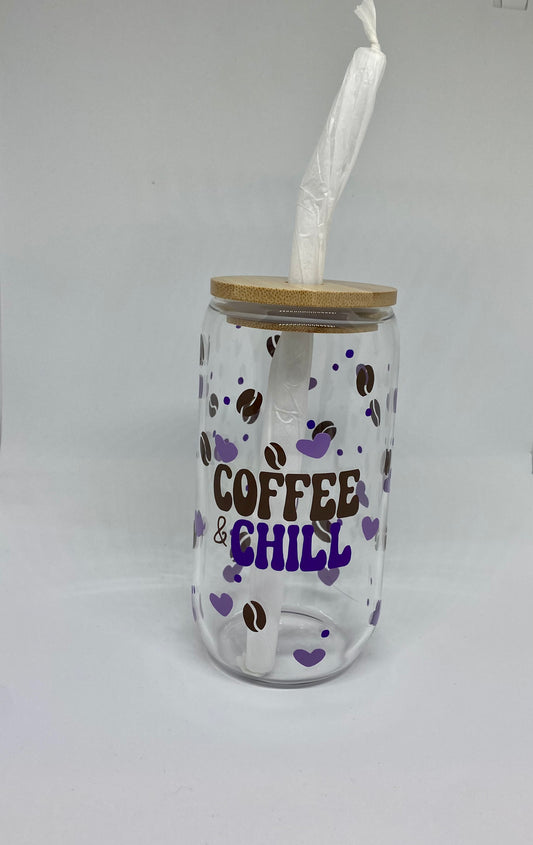 coffee and Chill 16oz Libby Glass, Beer Glass Can, With bamboo lid and straw