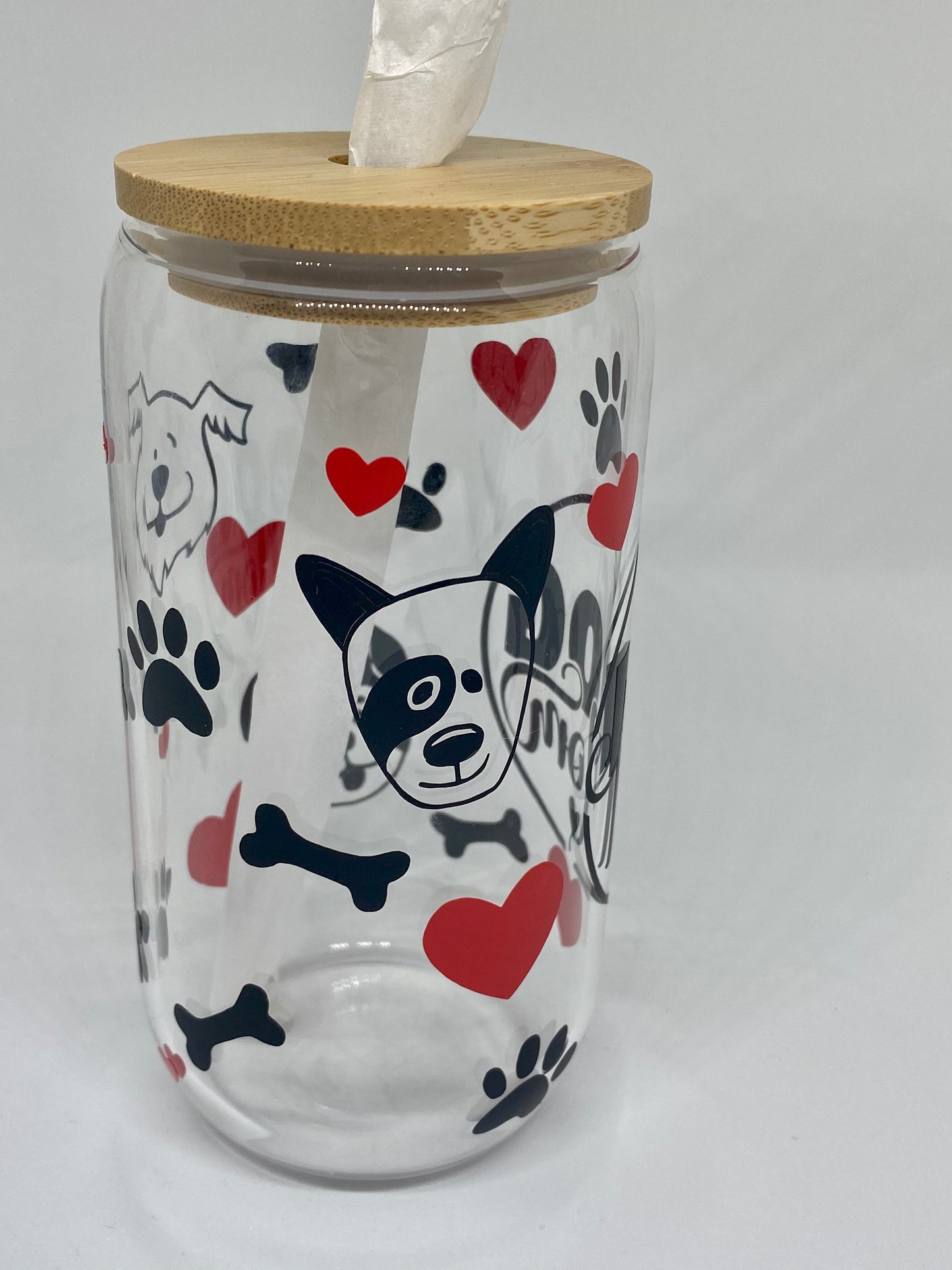 Dog mom 16oz Libby Glass, Beer Glass Can, With bamboo lid and straw