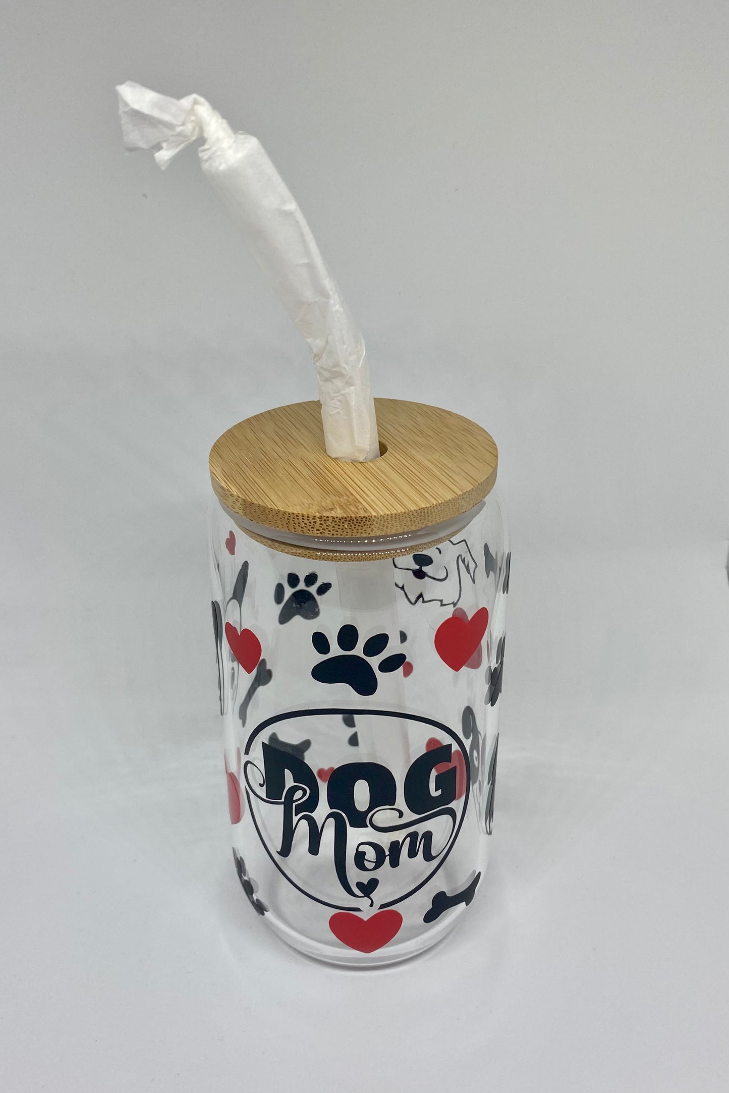 Dog mom 16oz Libby Glass, Beer Glass Can, With bamboo lid and straw