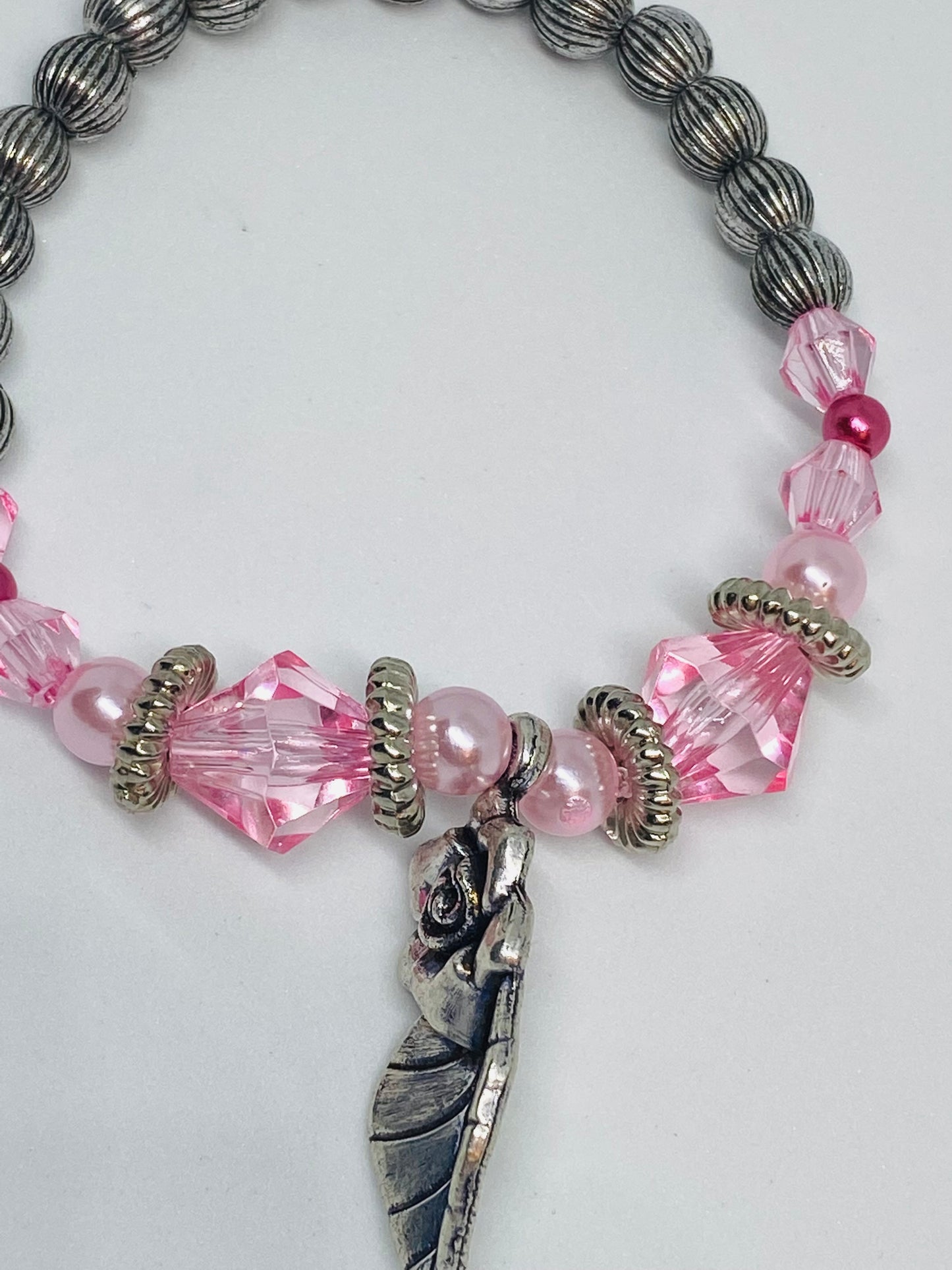 6” beaded flexible bracelet silver pink