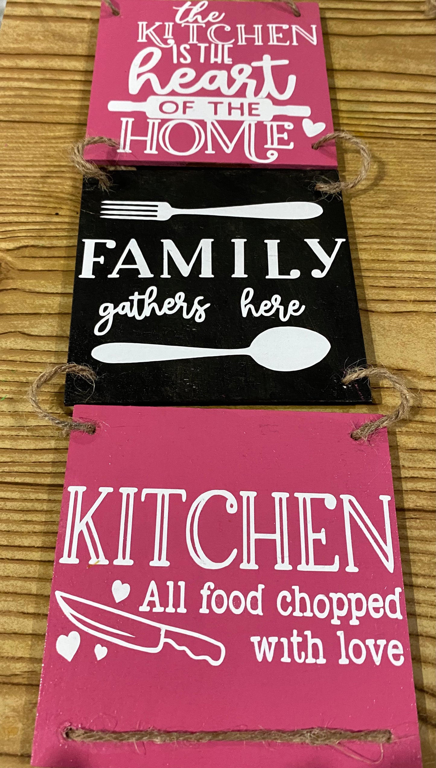 Hanging 3 Piece With Twine Kitchen Wall Sign. The Kitchen Is The Heart