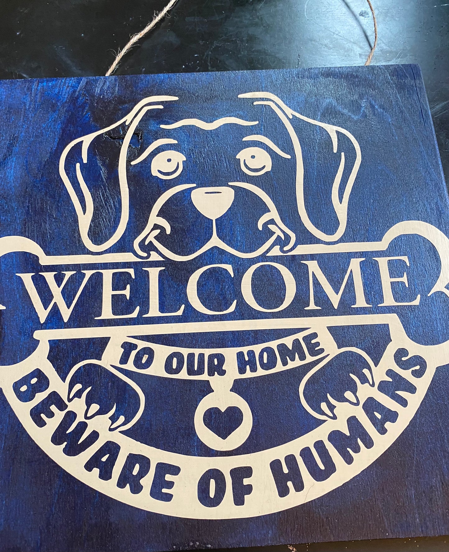 Welcome to our home 9.5” square wood stained sign